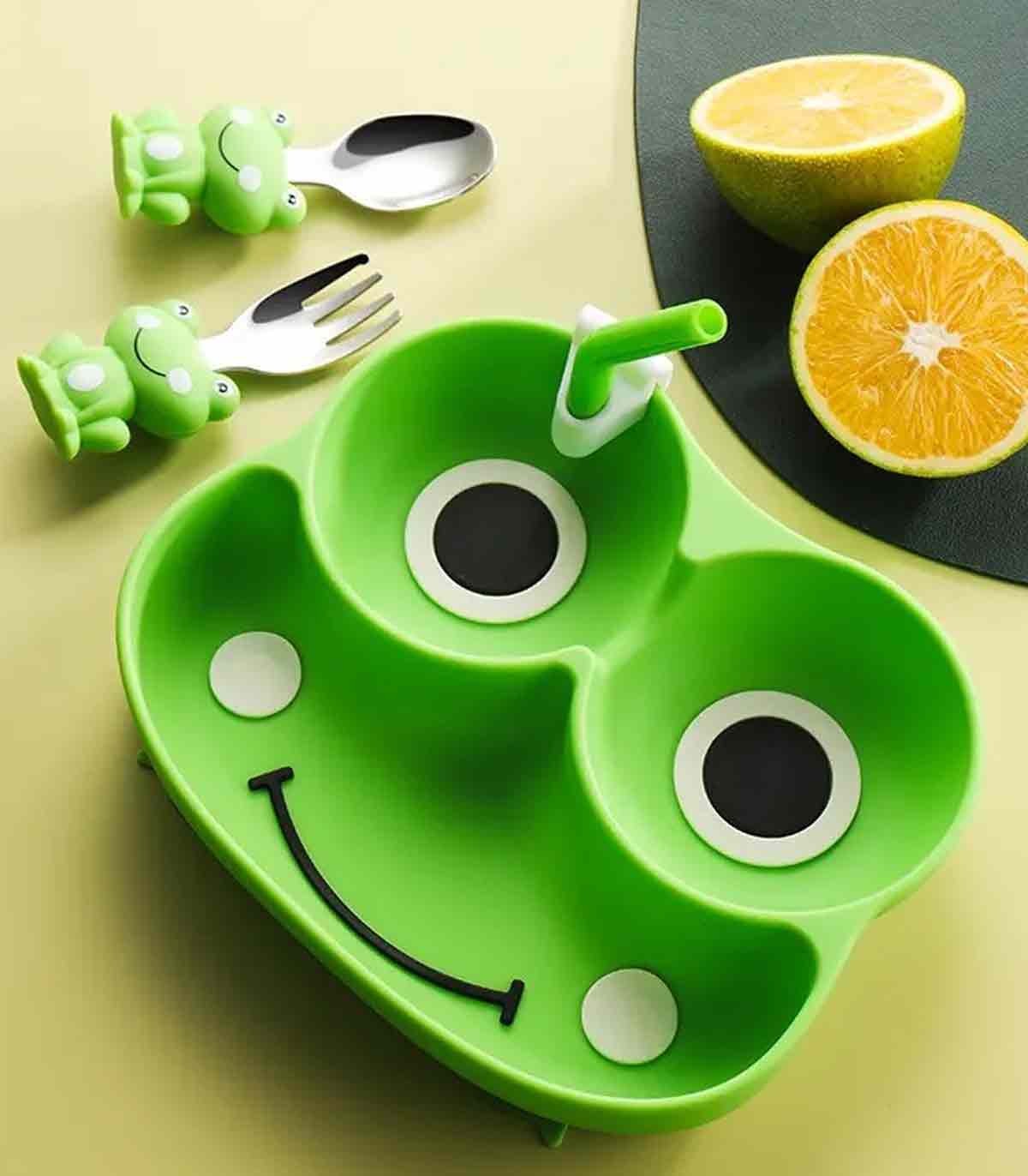 ست-ظرف-تمام-سیلیکونی-کودک-طرح-قورباغه-سبز-